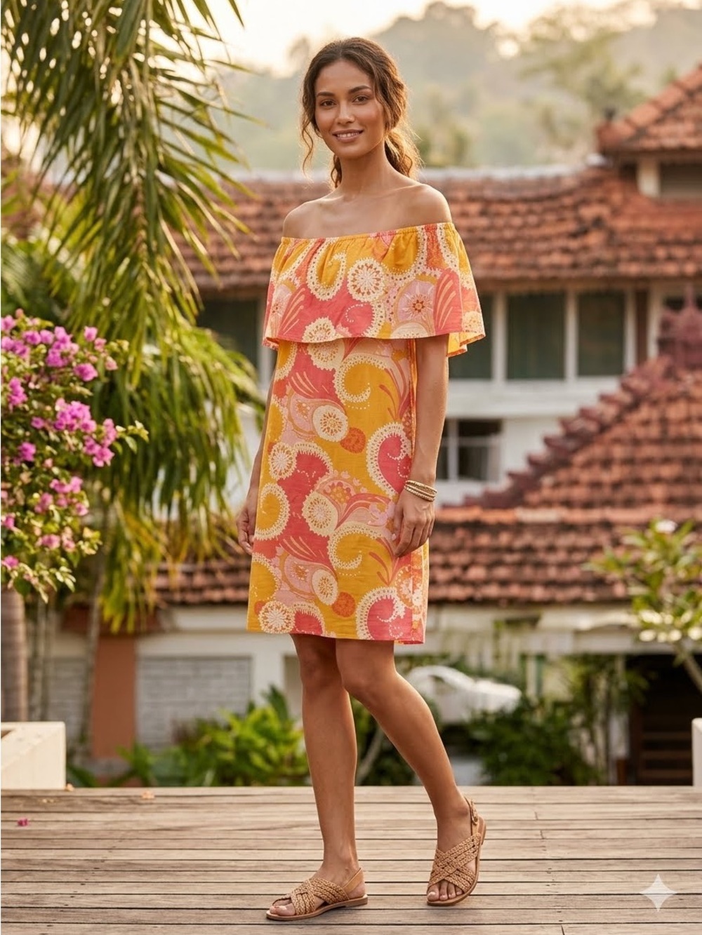 Florabella Pink and Yellow Beaded Elastic Neckline Mini Dress/Cover up